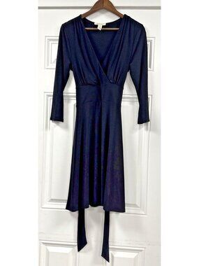 White House Black Market Womens Solid Black Stretch Wrap Tie High Waist Dress M